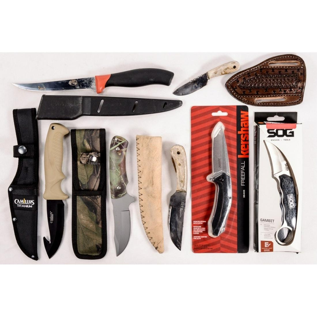 7 Knives SOG, Kershaw, Camillus: Lot of 7 knives includes an SOG Gambit in box, a Kershaw 3840X new in package, a Camillus Titanium 440 new with sheath no box, a Bass Pro fillet knife in good condition with sheath, unknown maker stam