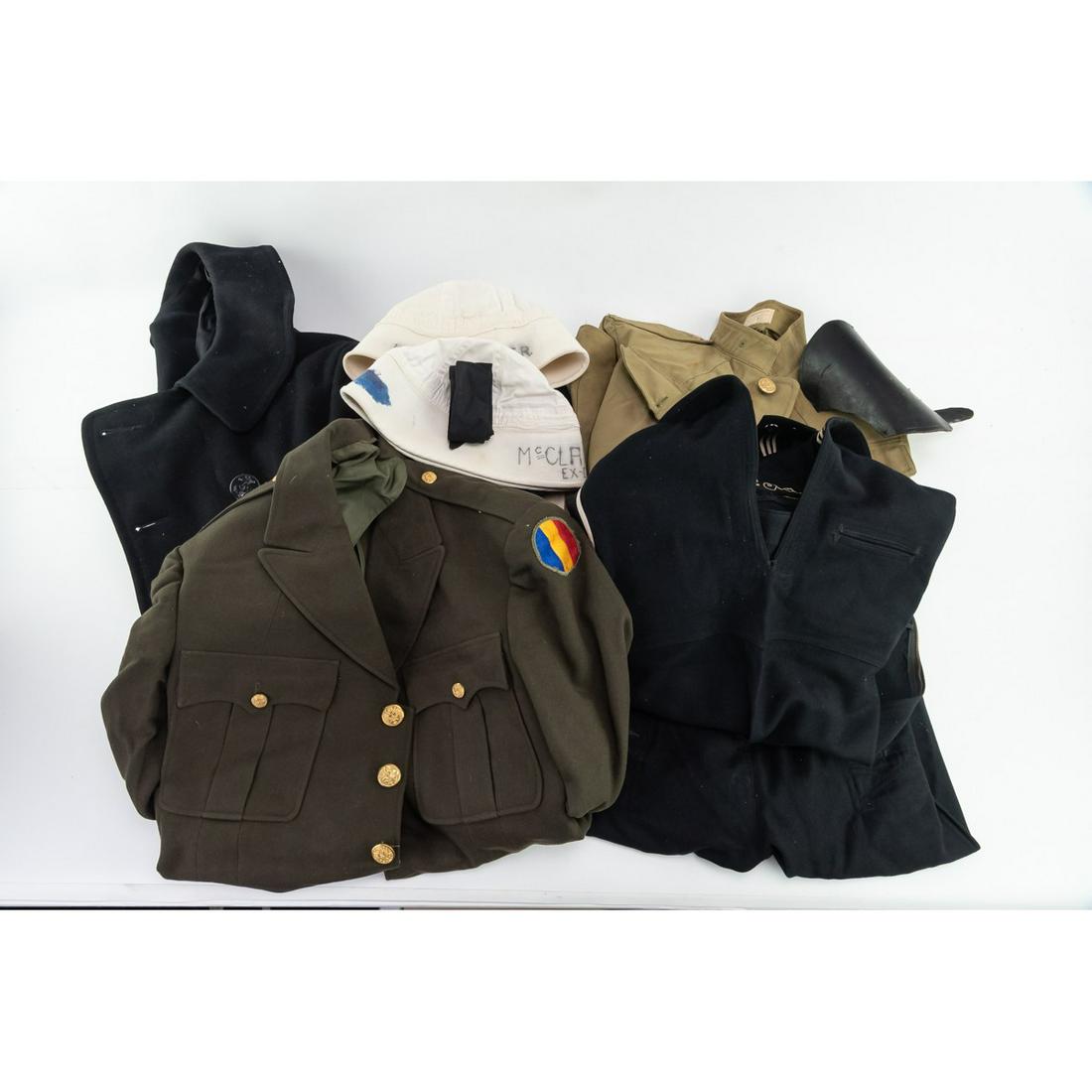 WWII Army Uniforms and Navy w Dragon Leave Patches: Includes a WWII Wool Peacoat with Corduroy lined pockets, size 38, a WWII blues blouse with dragon cuff leave patches and an embroidered anchor on the interior, a WWI summer tunic, a 4 pocket tunic wi