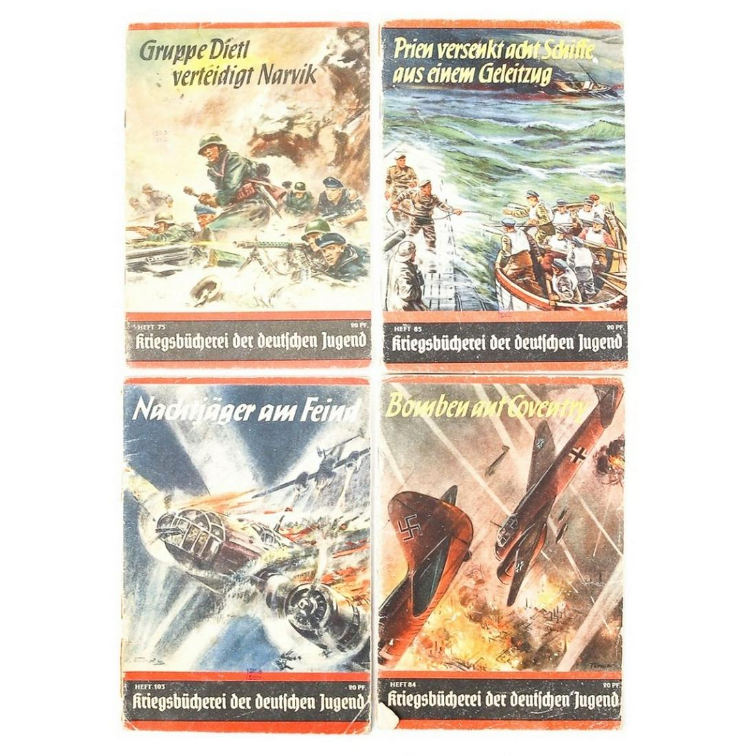 WWII German Magazines w Color Covers 4Pcs: Includes Nachtjager Am Feind, Bomben Auf Coventry, Prien Versenkt Acht Schiffe Aus Einem Geleitzug, and Gruppe Dietl Verteidigt Narvik. Each has the original owners name written in it. There is some s