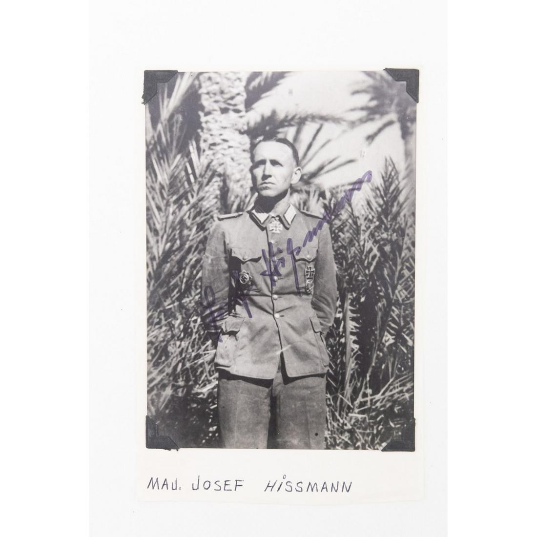 WWII Knight's Cross Signed Photo Josef Hissmann: Signed Post-War by Knights Cross winner Major Josef Hissmann. Disclaimer: Due to the high quality of Nazi fakes, Donley Auctions has described this item to the best of their ability and assumes NO lia