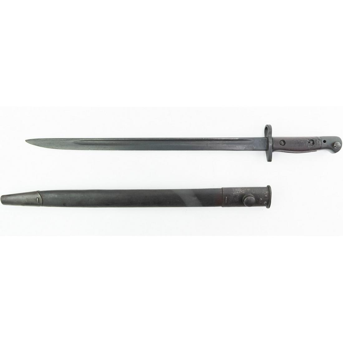 British Pattern 1907 Bayonet Wilkinson: British model 1907 bayonet made by Wilkinson 10 November, 1917. Darkened blade and some wear to metal fittings on scabbard. "OA" on scabbard for "Orange Arsenal" suggests Australian use. There is some