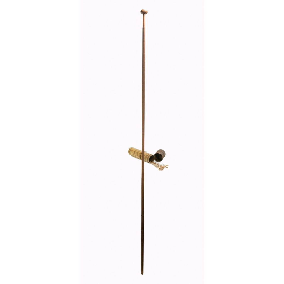 Southeast Asian Tribal Blowgun w Quiver Darts: This blowgun and quiver are beautiful examples with attractive geometric decorations. The decorated quiver, with its basket woven cap contains19 darts. The blowgun measures 73"L.