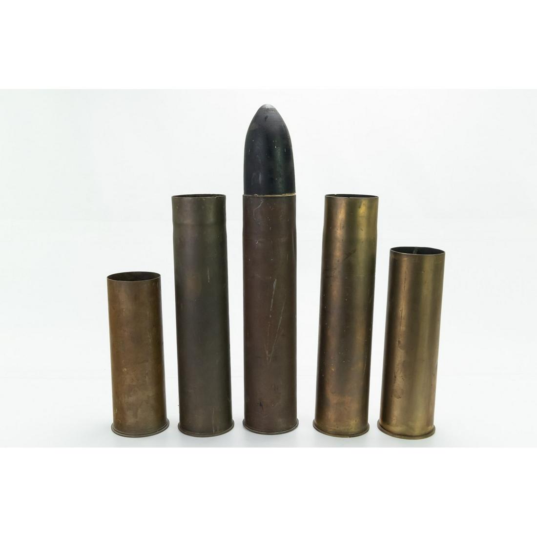 WWII Artillery Shells 5Pcs: This lot consists of 3 75mm, a 3 inch shell 1918, and a 3 inch field gun shell.