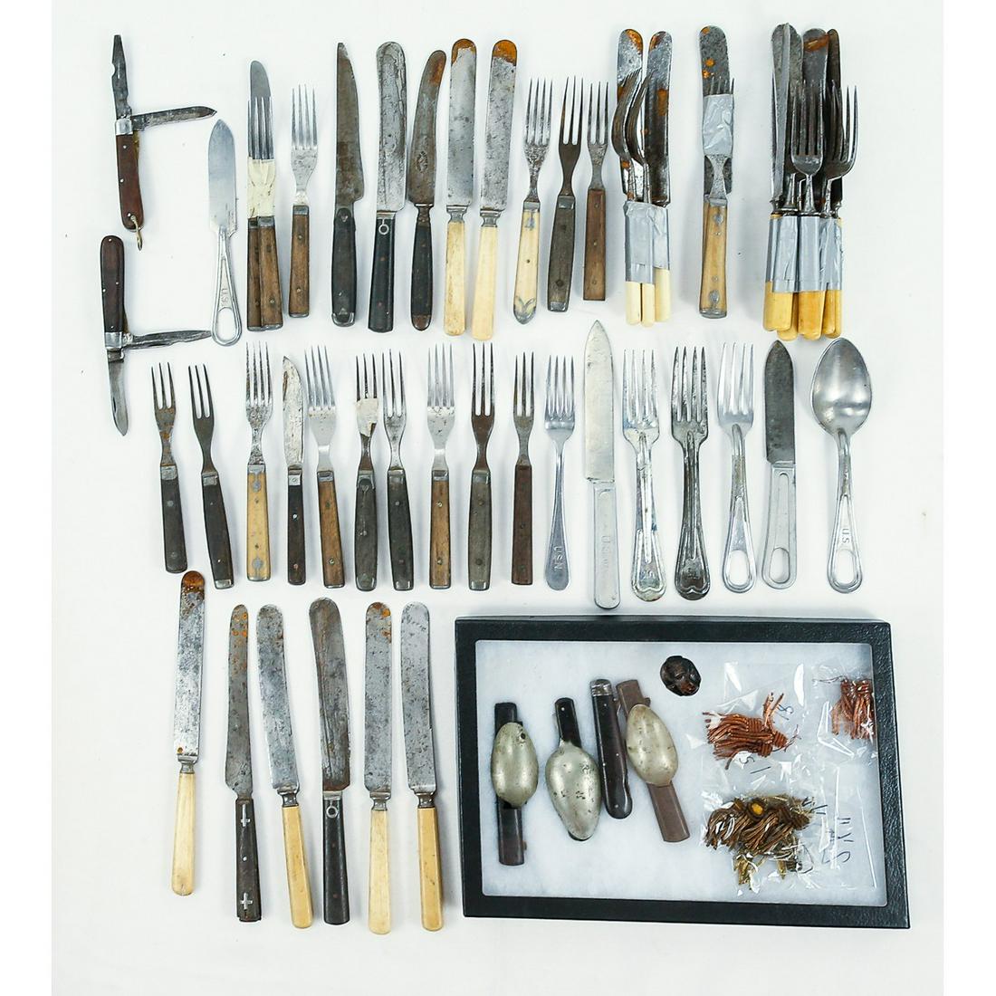 Civil War Era US Silverware and Pocket Knives: Includes a large variety of flatware, many from Solingen. The grips are made of bone or wood. The pocket knives are utility and hobo knives. The hobo knives are missing half of their blades.