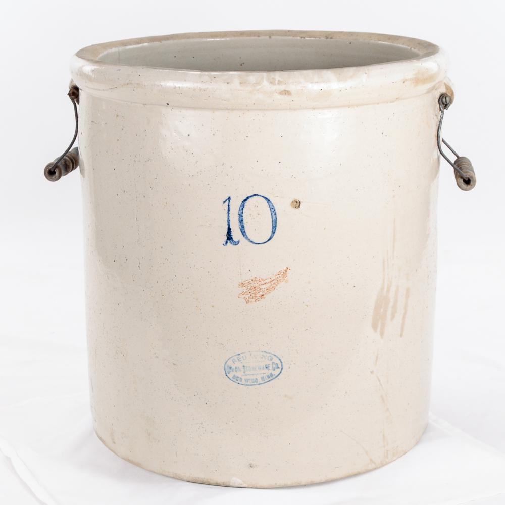 10 Gallon Red Wing Stoneware Crock w Handles: This crock was manufactured by the Union Stoneware Co of Red Wing Minnesota. It has a patent date of Dec 21st 1916. Measures 15 3/4"W X 16 1/4"H. There is a small crack on the middle of the back of th