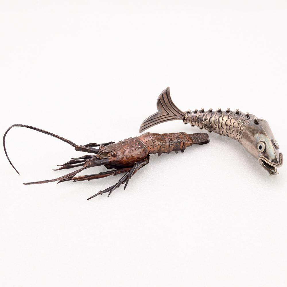 Los Castillo Silver Plate Fish & Japanese Crawfish: Both measure 7" length and both signed. Condition good.