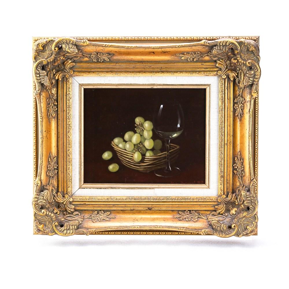 D. Burggraf Acrylic Painting Still Life Grapes: David L. Burggraf Canadian born 1944. Still life of green grapes and glass of wine. Acrylic on Masonite. Signed and dated "88" bottom right. Works in IT now. He does not seem to be selling his paintin