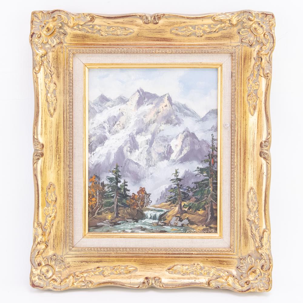Ronkendeker Framed Oil Painting: Framed oil painting on canvas. Mountain landscape. 10" x 8" framed 15" x 13" signed. Condition good.