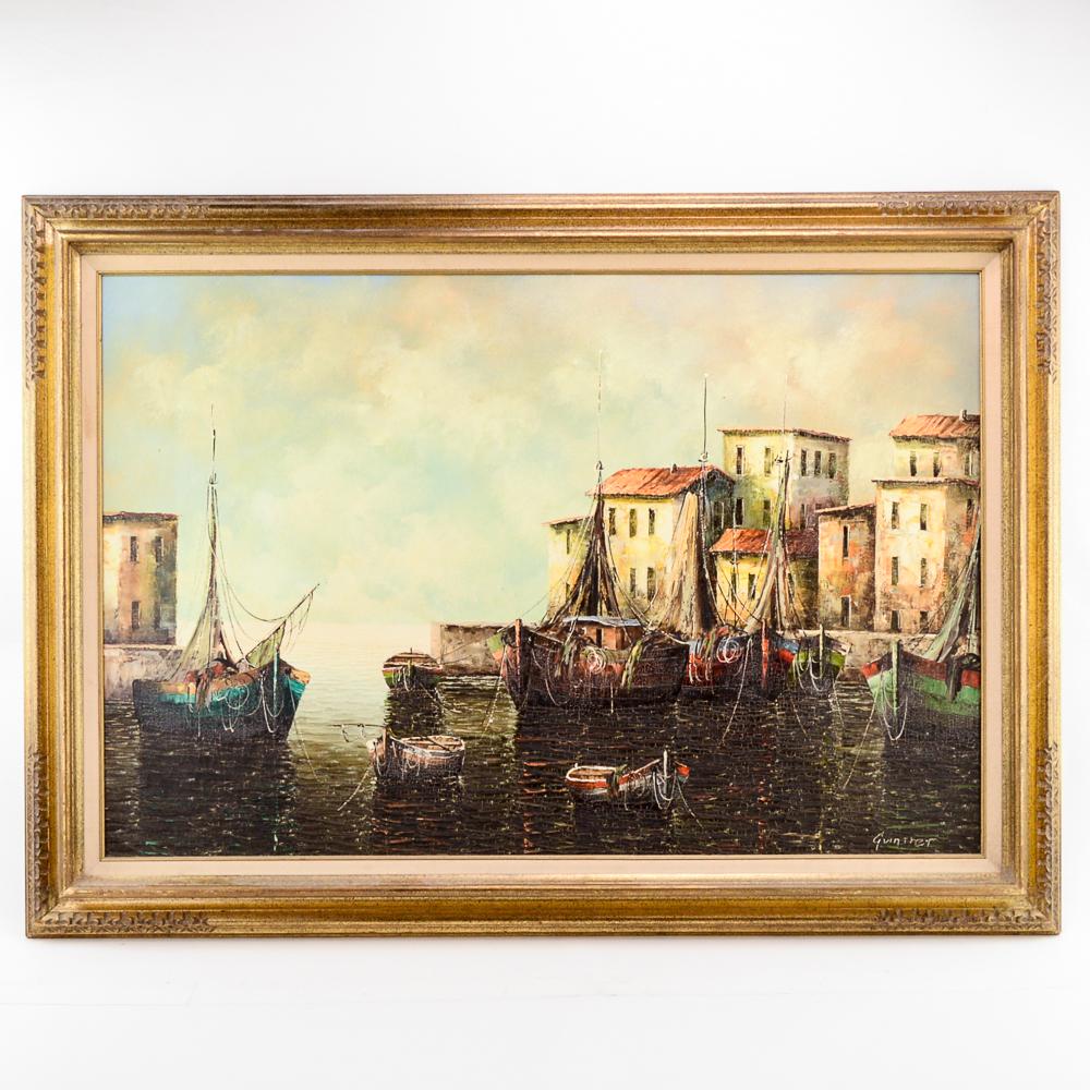 Eleonore Guinther Oil on Canvas Harbor Scene: This wonderful Eleonore Guinther oil painting was signed by the artist on the lower right corner. It comes with a certificate of authenticity from Austin Galleries. Paint has cracking on the lower hal