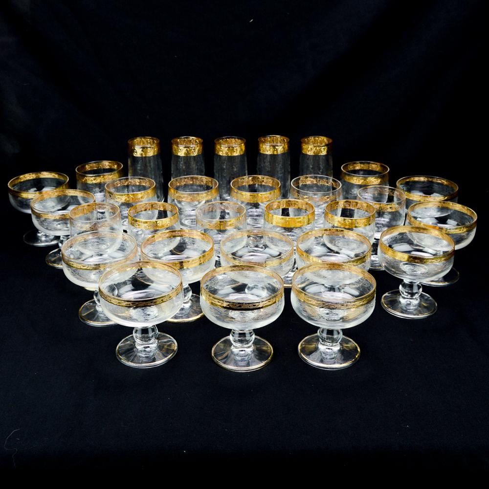 Gilt Rim, Hand Engraved Glassware 29 Pieces: This group of molded, hand etched and gilt glassware are in great shape. The tallest glasses measure 6 3/8"H.