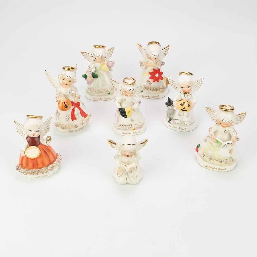 Nepco Porcelain Angel Figurine 8Pcs: Includes 1 August, 1 September, 3 October, 1 November, 1 December, and 1 reading angel. They measure approximately 4 1/2"H X 2 1/2"W.