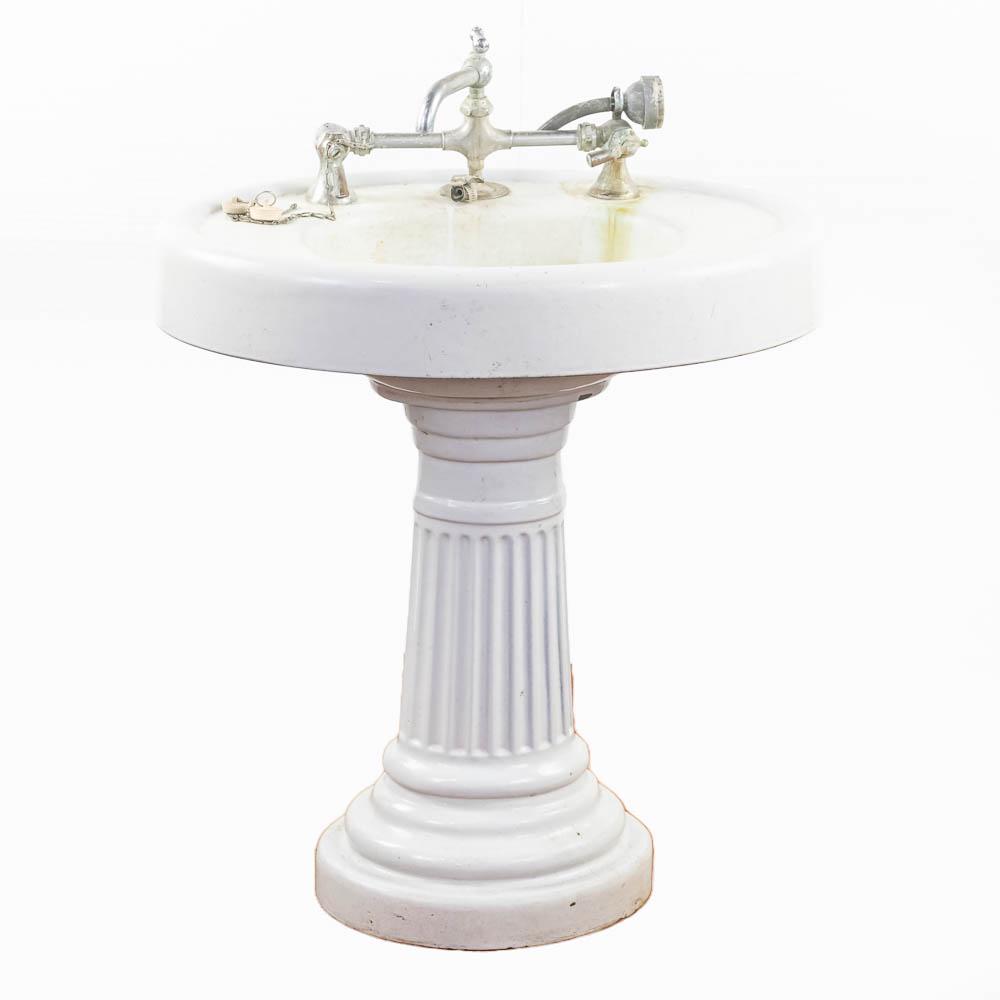 Porcelain Barber or Beauty Shop Sink: Large sink with very ornate pedestal. All the faucet hardware is there and porcelain is in good condition - just needs some cleaning and polishing. Overall good condition. 34"T X 27"W X 18 1/2"D - See
