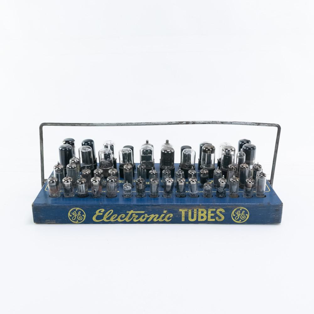 General Electric Tube Display/Carrier with Tubes: Nice advertising display piece. Comes with 54 tubes. Writing and descriptions are in good shape 6.5x18"x8.5"