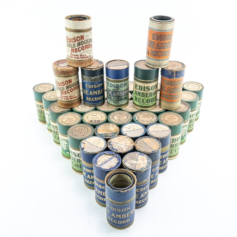 (43) Large Lot of Edison Cylinder Records: Mixed lot of 43 Cylinder records. Unpicked. Most in cases, some without lids. See photos.