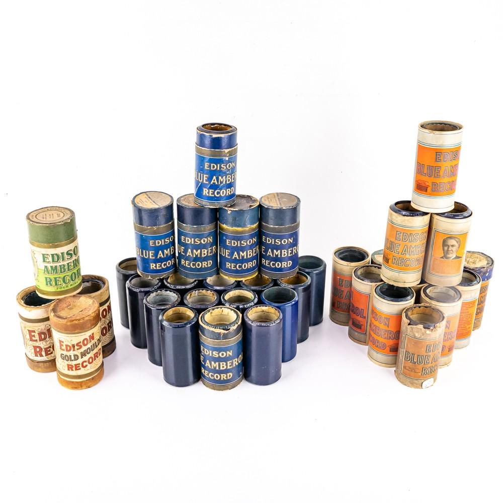 (40) Large Lot of Edison Cylinder Records: Mixed lot of 40 Cylinder records. Unpicked. Most in cases, some without lids. See photos.
