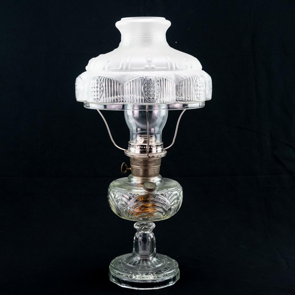 Ornate Glass Oil Lamp w/ Victorian Glass Shade: Very ornate lamp with frosted highly decorative shade. All in good condition, no chimney. 22" H, 11" W. See photos.