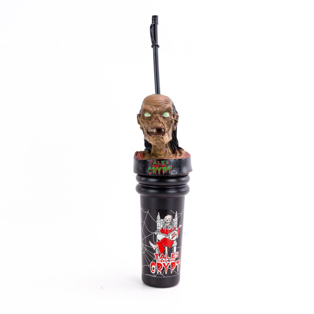 Vintage Knotts Farm Tales From The Crypt Bottle: In excellent overall condition, with minor blemishes noted. Appears in new unused condition. Clear vibrant graphics along both sides of bottom cup, topper is mint. Perfect addition to your collection.
