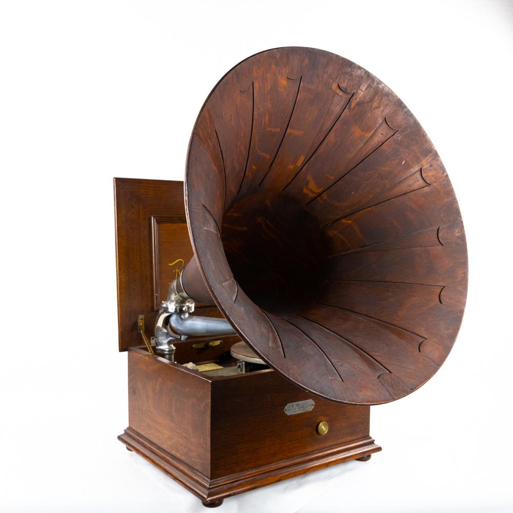 Reginaphone12-1/4" Music Box/Phono w/Wood Horn: Based on a serial number search in Bower's Encyclopedia, this appears to be a Style 129 Reginaphone. This machine in its oak cabinet has its original finish and is slightly alligatored throughout as w