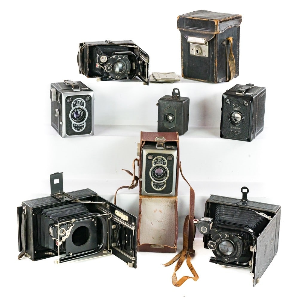 Seven Zeiss Cameras: Comprising an Ideal body only, two Maximars, threeBox Tengors, and a Baby Box