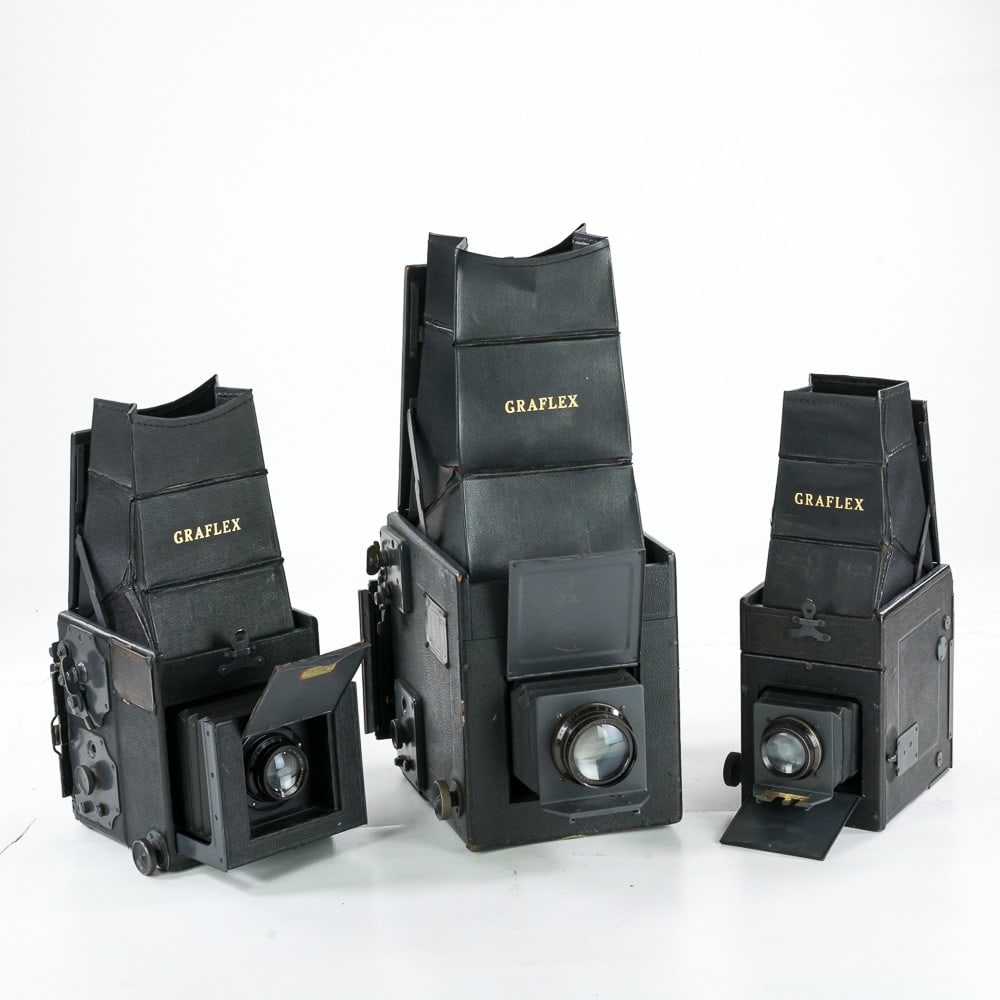 Three Graflex Cameras: An RB Auto 4 x 5 with a Kodak Anastigmat f 4.5 7 1/2 in. lens, an RB Series B 3 x 2 1/4, with Kodak Projection Anastigmat f 8 7 1/2 in. lens, and a Auto Graflex 3 x 4 with a B&L Zeiss Tessar Series Ic