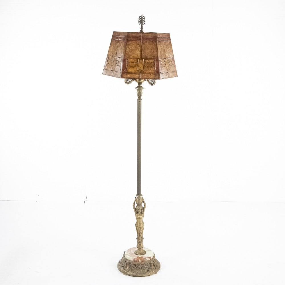 Art Deco Figural Nude Lady Lamp Leaded Mica Shade: *NO SHIPPING! - PICKUP OR BUYER THIRD PARTY TRANSPORT ONLY*Art Deco Floor Lamp with Figural Double sided Nude Ladies. Includes an uncommon leaded mica shade. Three wax candle stick lamp socket covers 