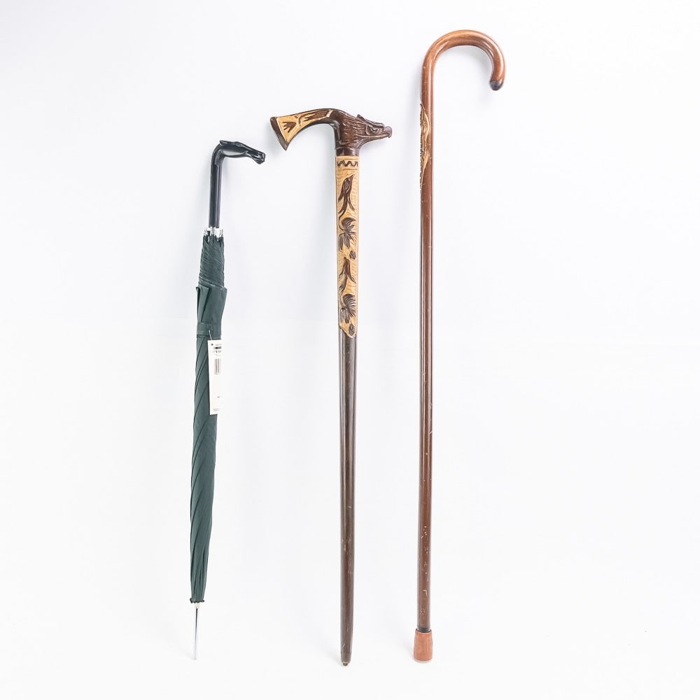 Collection of (2) Carved Wooden Canes + Umbrella (1 of 20)