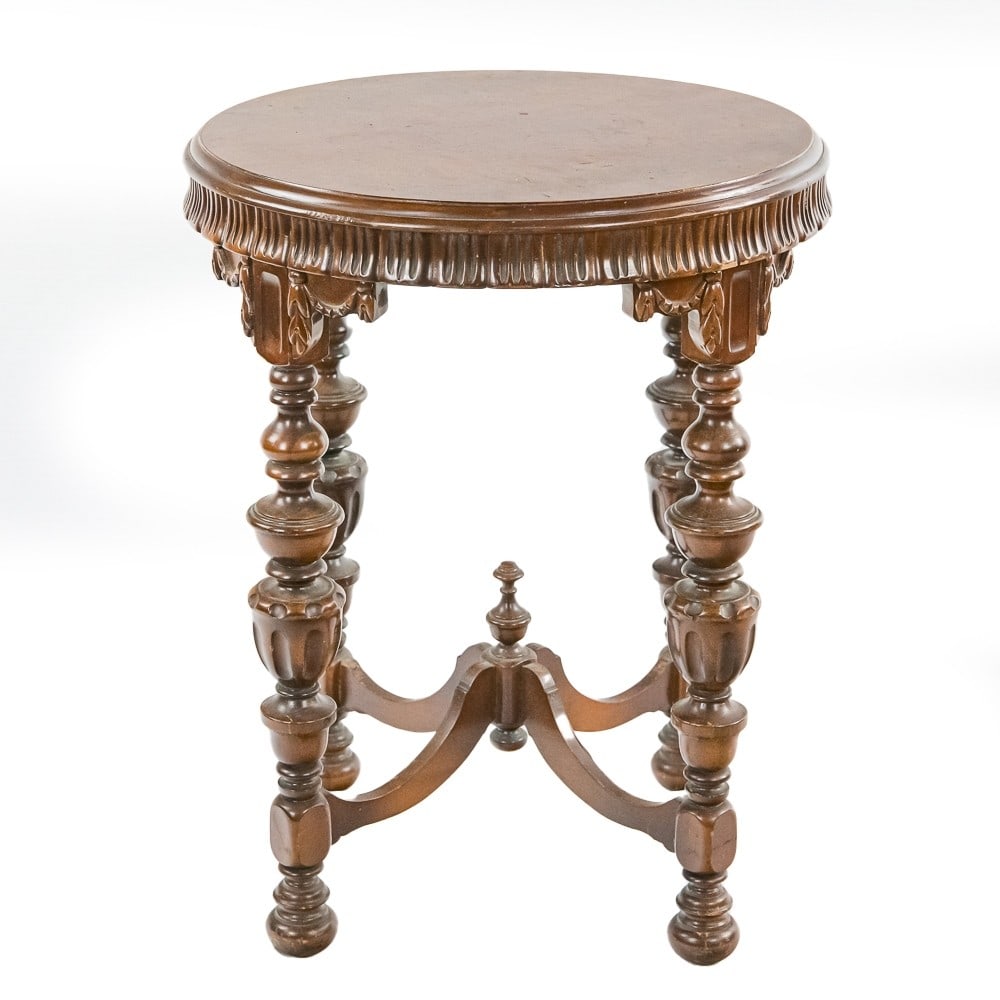 Vintage Ornate Wood Lamp Table: An original lamp table in fair to good condition showing use marks expected from it's age. See photograph 7 for an area of minor damage to the legs. Approximate size 28"H X 21" diameter.