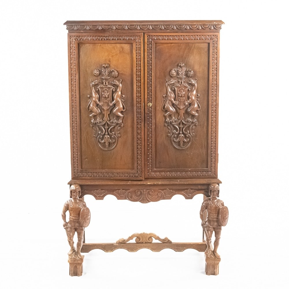 Vintage 2-Drawer Secretary/Liquor Cabinet: Locking doors with key. This piece is in fair condition due to extensive use marks and would be an ideal refinish/restoration project. 31 1/4" long X 19 1/2" wide and 51 1/2" high. Please review photo