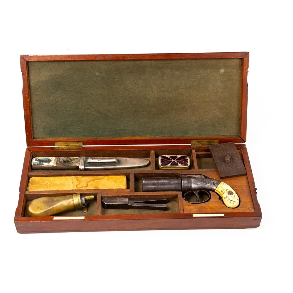 1870's Will & Finck Cased Knife And Pistol Set: This lot includes a knife and pepperbox pistol in a fitted wood case which bears an engraved plate, John W. Martin San Francisco California and in smaller letters will & Finck S.F. Cal. The fitted int