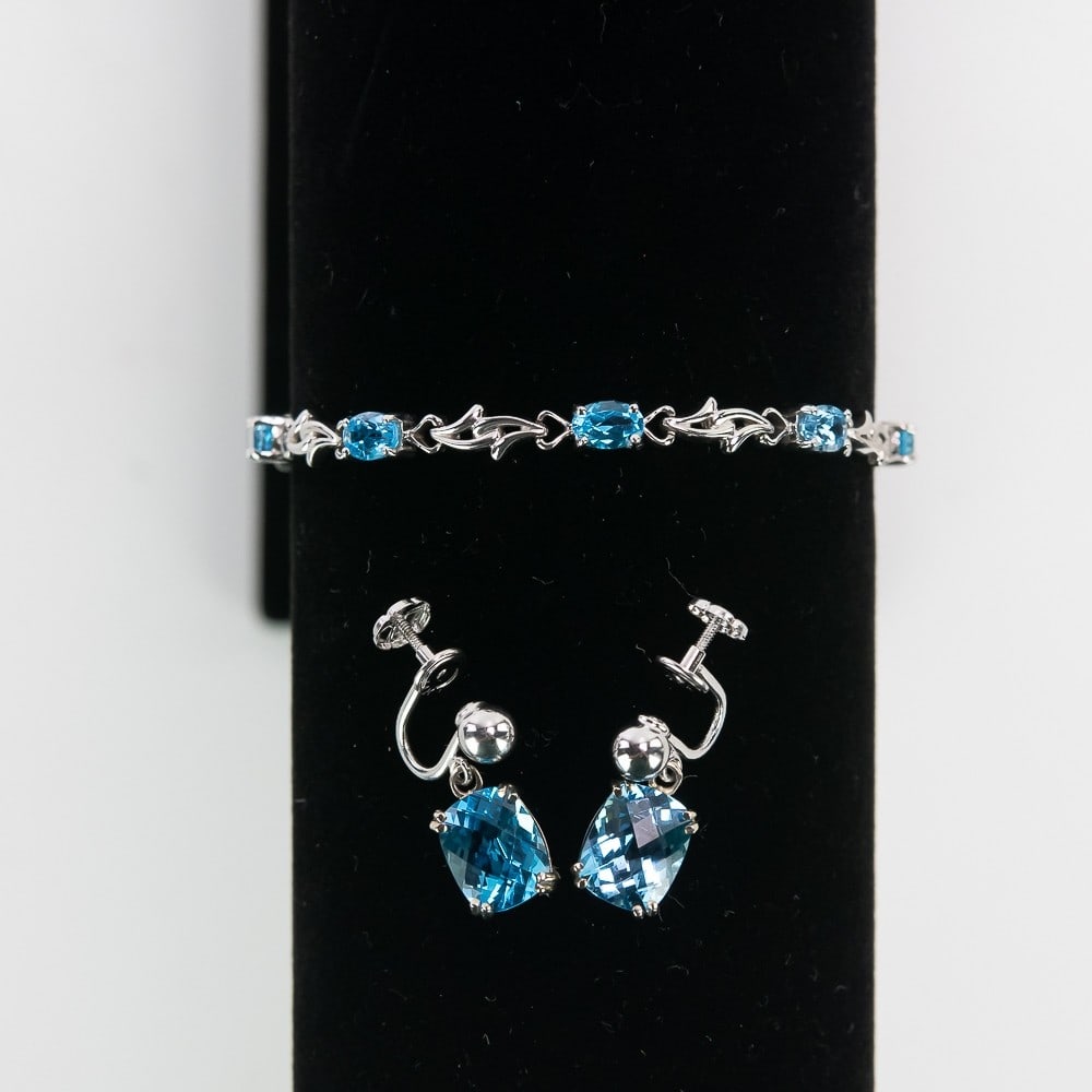 14K W Gold Blue Topaz Bracelet and Earring Set (1 of 6)