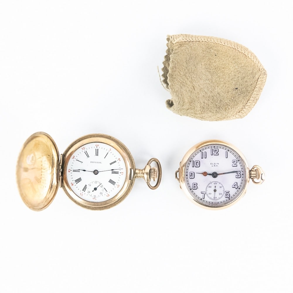 (2) Vintage Elgin & Imperial Ladies Pocket Watches: Very nice Elgin 15 jewel ladies pocket watch, guaranteed for 20 years and vintage Imperial ladies pocket watch showcased inside ornately designed unmarked hunters case. Perfect addition to your collec