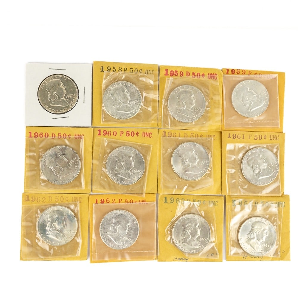12 Unc-AU 1958-1963 Franklin Silver Half Dollars (1 of 10)