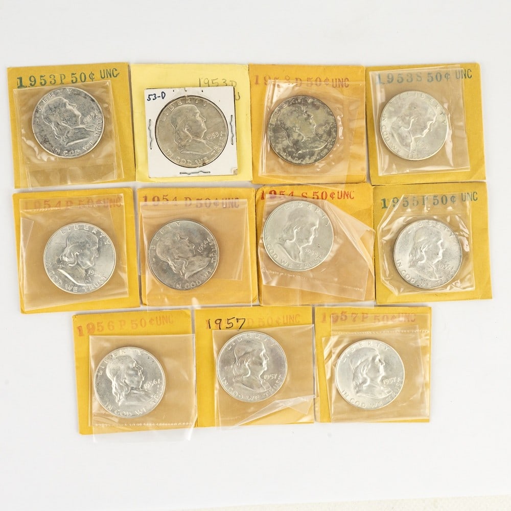 11 AU-Unc 1953-1957 Franklin Silver Half Dollars (1 of 8)
