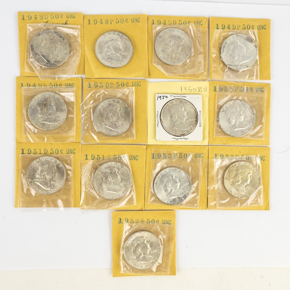 13 AU-Unc. 1948-1952 Franklin Silver Half Dollars (1 of 12)