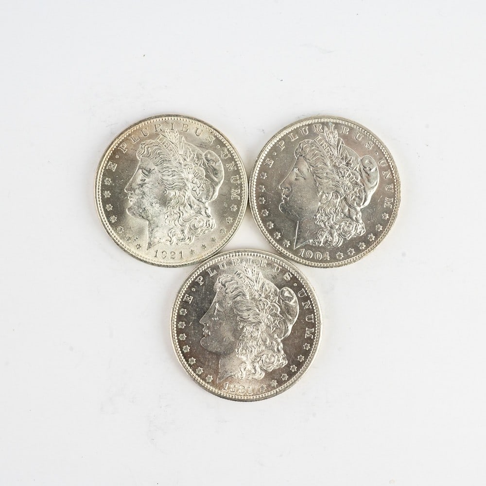 Unc. 1881-S, 1904-O & 1921 Morgan Silver Dollars (1 of 8)