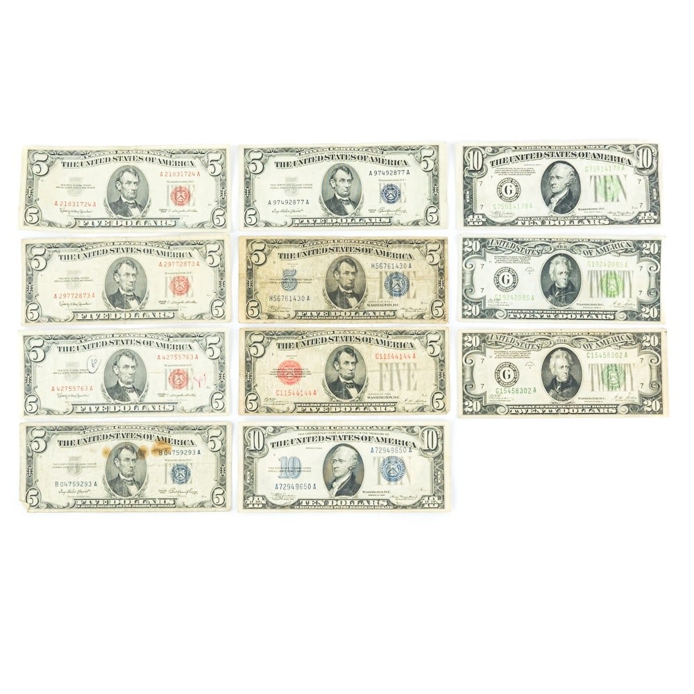 (2) 1928-B $20, 2-1934 $10,(7) $5 Collector Bills (1 of 14)