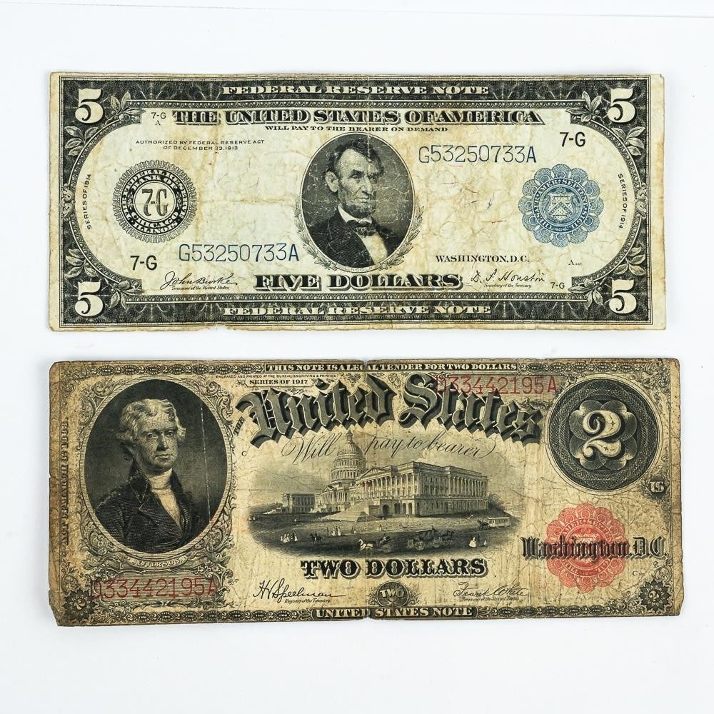 1914 $5 Federal Reserve Note & 1917 $2 US Note (1 of 4)