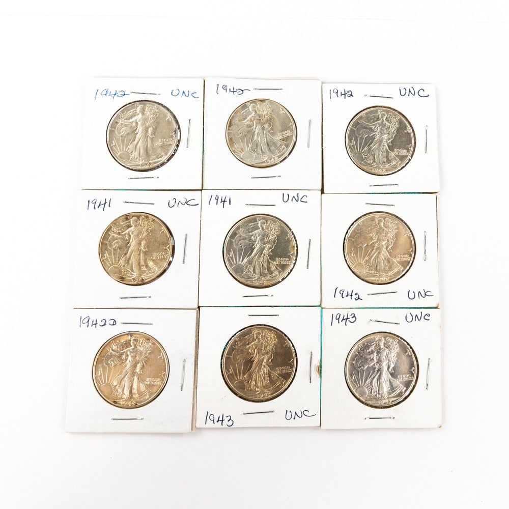 9 Unc. '41-'43 Walking Liberty Silver Half Dollars (1 of 4)