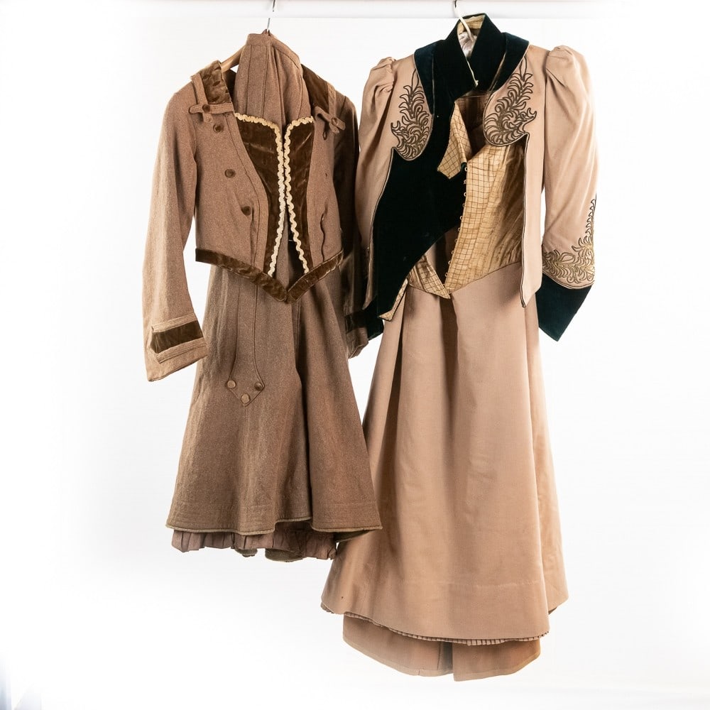 Designer John Redfern, Paris Label and More 1893: First is a rich tan and royal green velvet, 2 piece suit with all attention to the details. The Paris Label reads: " John Redfern & Sons 242 Rue De Rivoli. Paris" John Redfern was the man responsible 