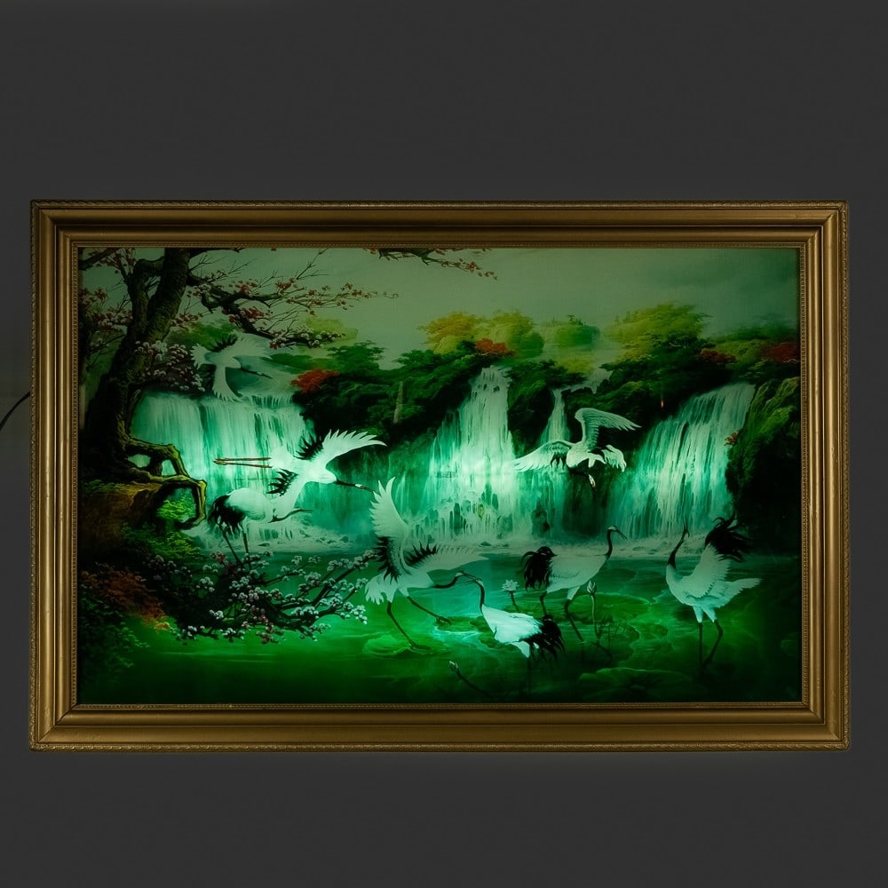 Paper on Glass Scene with Birds and Waterfalls: Paper on Glass. Electrified Motion Scene with Birds and Waterfalls. 43”W X 30” T