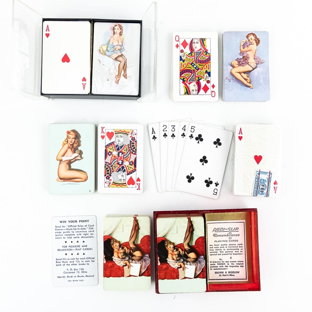 7 Brown Bigelow Remembrance Pin Up Playing Cards: Very nice collection of (7) various vintage pin up girl playing cards from Brown Bigelow Remembrance. Two decks remain sealed in cellophane however only one retains the tax stamp. Excellent to good ov