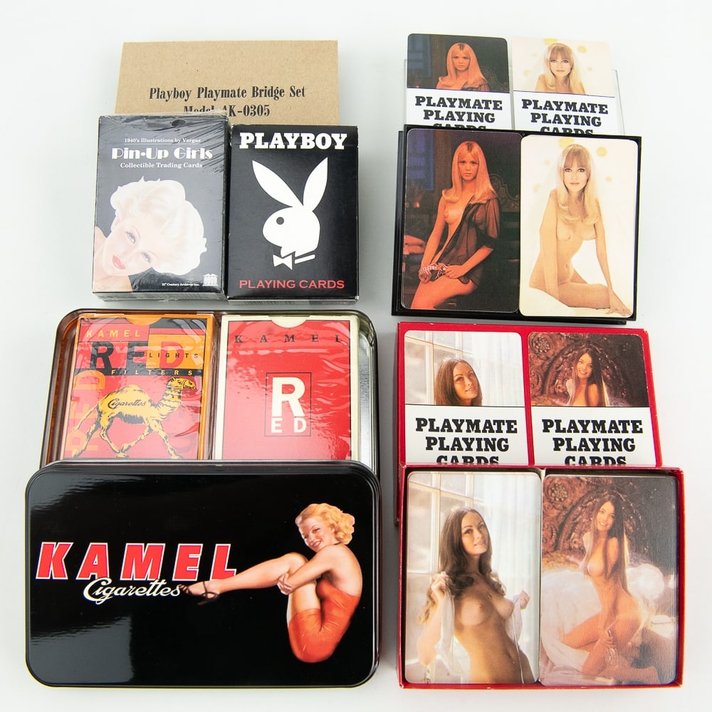 8 Vintage Decks of Pin Up Girl Nude Playing Cards: Nice collection of (8) various vintage pin up girl decks of playing cards. Specifically 1968 Playboy Playmate double deck, 1973 Playboy Playmate (AK-0305) bridge double deck playing cards, 2003 Playbo