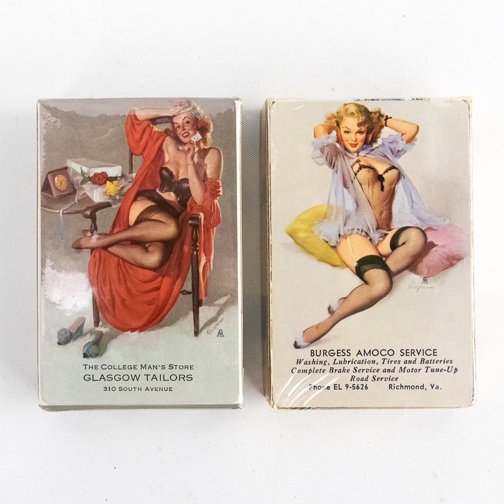 (2) Sealed Redi-Slip Pin Up Girl Playing Cards: Collection of (2) sealed Redi-Slip pin up girl advertising "Remembrance" bridge playing cards. Each deck is still showcased inside cellophane, each appears unopened and remain sealed. Hard plastic hou