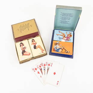 (2) Vintage Double Deck Pin Up Girl Playing Cards: Includes both "Win, Lose or Draw" and "Hit The Deck" pin up girl double deck playing cards. Both opened sets are still displayed inside their original boxes. Hit the deck has a "Siggins Equipment Comp