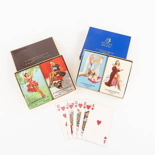 (2) Elvgren Pin Up Girl Double Deck Playing Cards: Collection of (2) vintage Elvgren pin up girl double deck advertising playing cards. Both opened sets are still showcased inside original boxes. One carries an embossed advertisement "B. Howard Richar