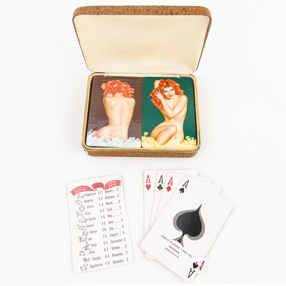 Deck of Arrco & Esquire Pin Up Girl Playing Cards: Very nice collection of one vintage Arrco and one vintage Esquire pin up girl playing cards. The Esquire still has cellophane wrapping however is opened on one end, tax stamp still intact. Both presen