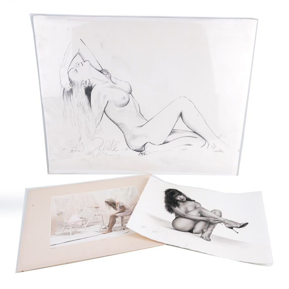 Collection of (3) Risque Nude Sketches: Including 23.5" x 18" 1993 "Study for Awakenings" original sketch, 13" x10" limited edition 3/50 Jon Fox nude sketch and Darwish limited edition 7/250 "Lisa". Perfect addition to your collection. Plea