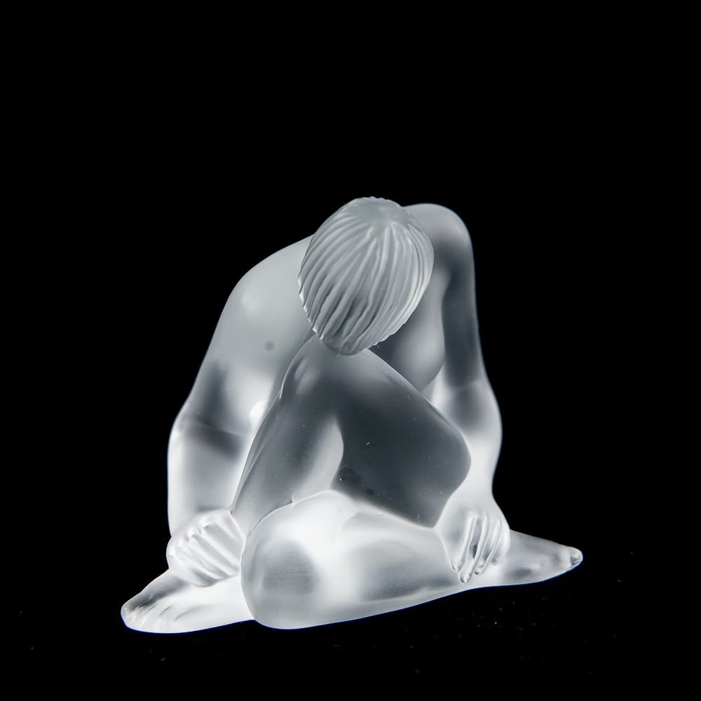 Lalique Dreaming Nude Frosted Statuette w Box: This Lalique "Dreaming" nude figure is a beautiful and elegant example. This gorgeous piece is in very good condition with no chips or cracks noted. Still showcased inside original Lalique Paris box. 