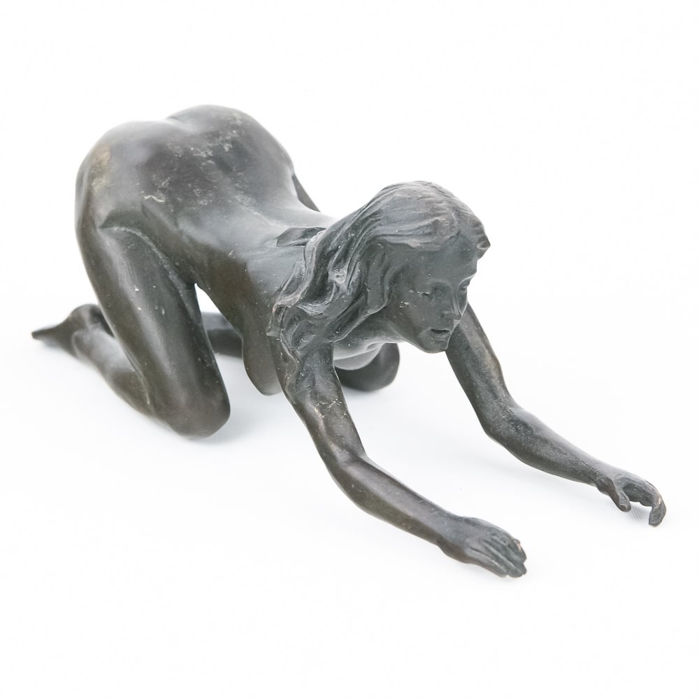 J.Patoue Nude Female Kneeling Erotic Bronze Statue: Eye catching artist signed J. Patoue nude female model kneeling erotic bronze sculpture. Stands 2" t x 6" l x 2"w and in good overall condition with some wear and spots present indicative of age and u