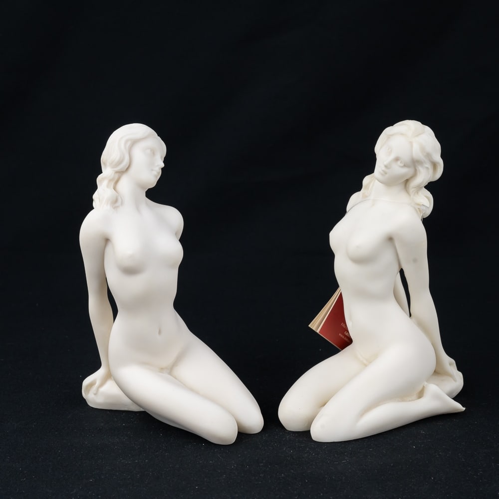 (2) Maska Nude Woman Kneeling Alabaster Figurines: Very nice pair of vintage Maska Alabaster kneeling nude woman figurines. Both are In very good overall condition with no chips or cracks noted. Each stands just under 8" tall, hand made alabaster stam